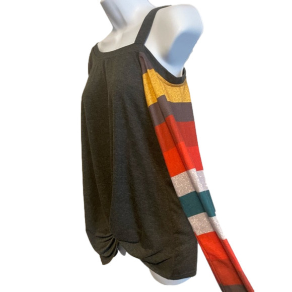 Y2k Striped Off shoulder Long Sleeve Shirt casual Multicolor boatneck medium - Picture 4 of 5